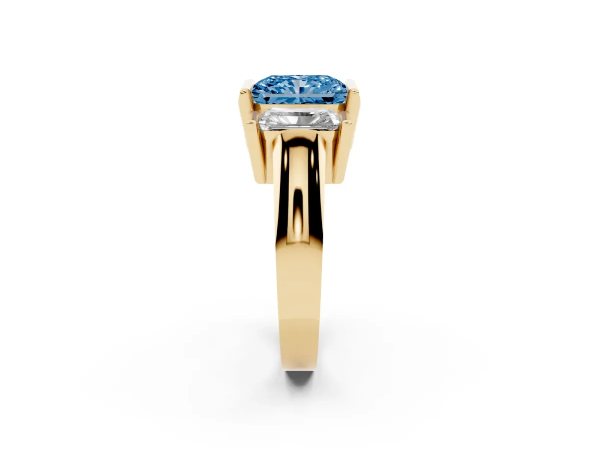 Fancy Blue Three Stone Radiant Cut Cut Channel Set Diamond Ring Yellow gold