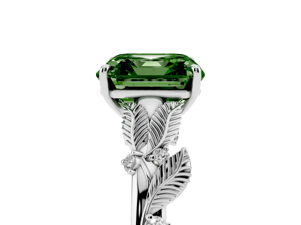 Fancy Green Asscher Cut Diamond Solitaire Ring with Leaf Motif Band and Four-Prong Setting Silver