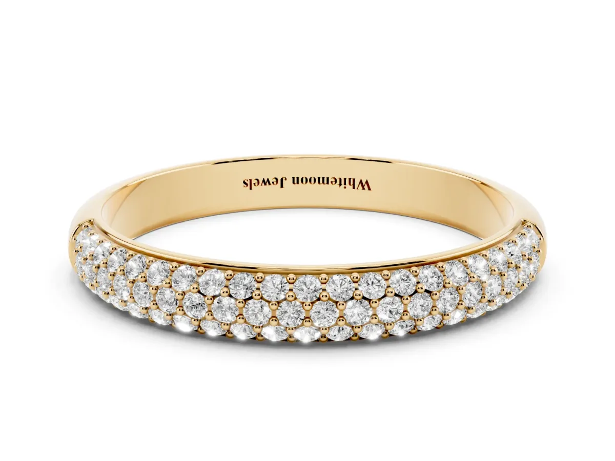 Three-Row Pave Round Diamond Eternity Band with Shared Prong Setting Yellow gold