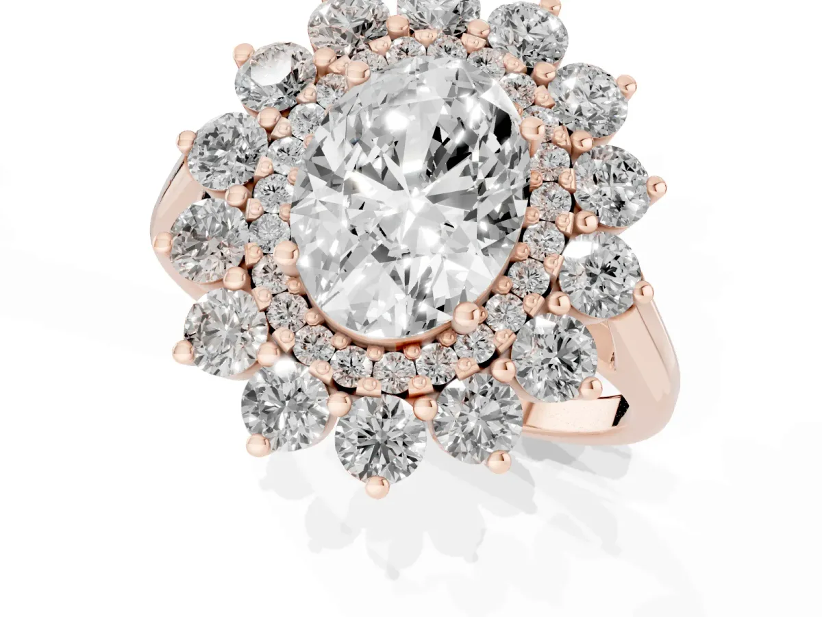 Oval Cut Diamond Floral Double Halo Engagement Ring with Prong Setting Rose gold