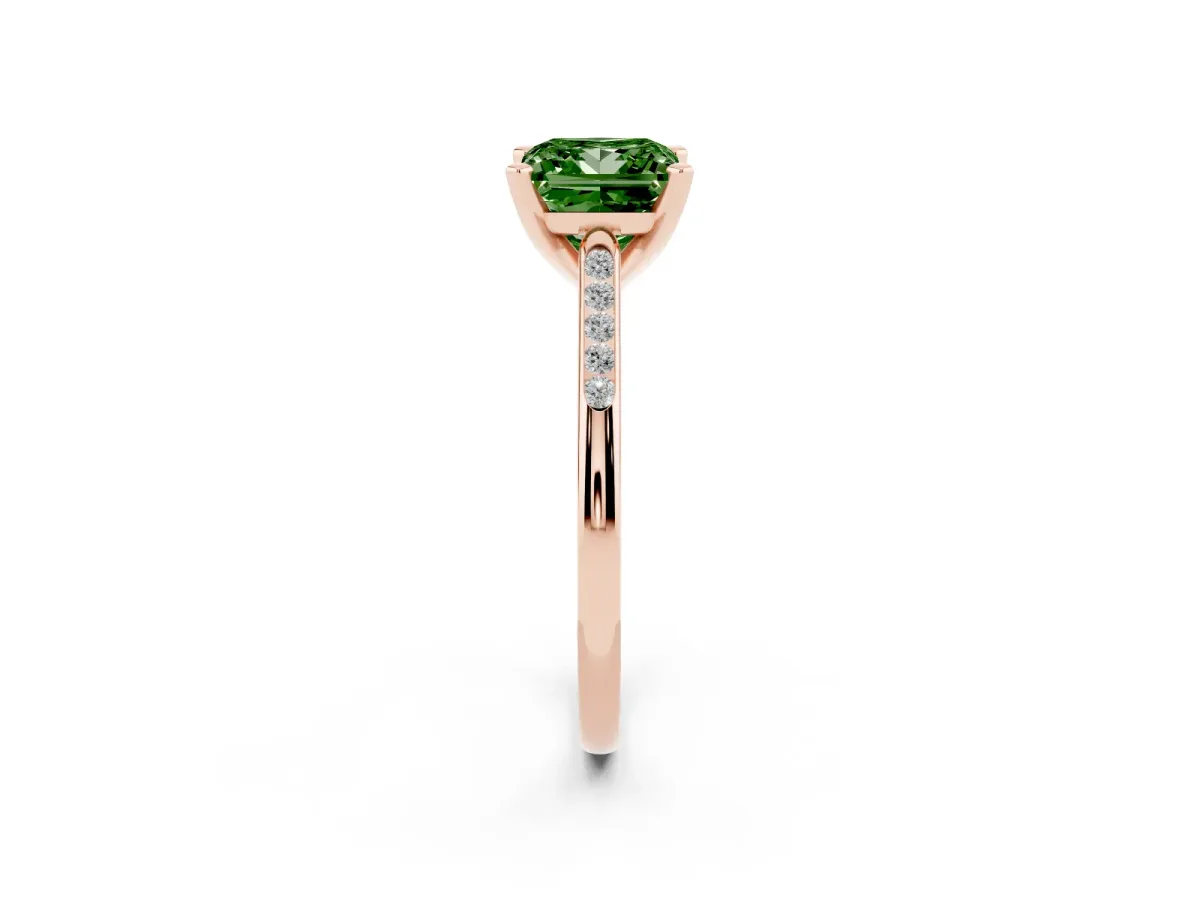 Fancy Green Princess Cut Diamond Solitaire Ring with Channel Set Round Band and Prong Setting Rose gold