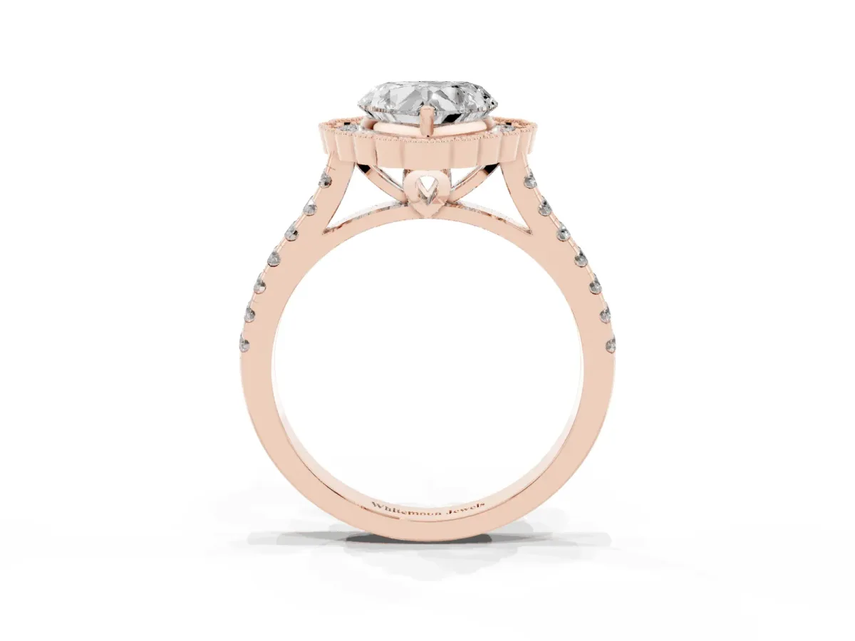 Heart Cut Cut Diamond Milgrain Floral Halo Engagement Ring with Pavé Band Rose gold
