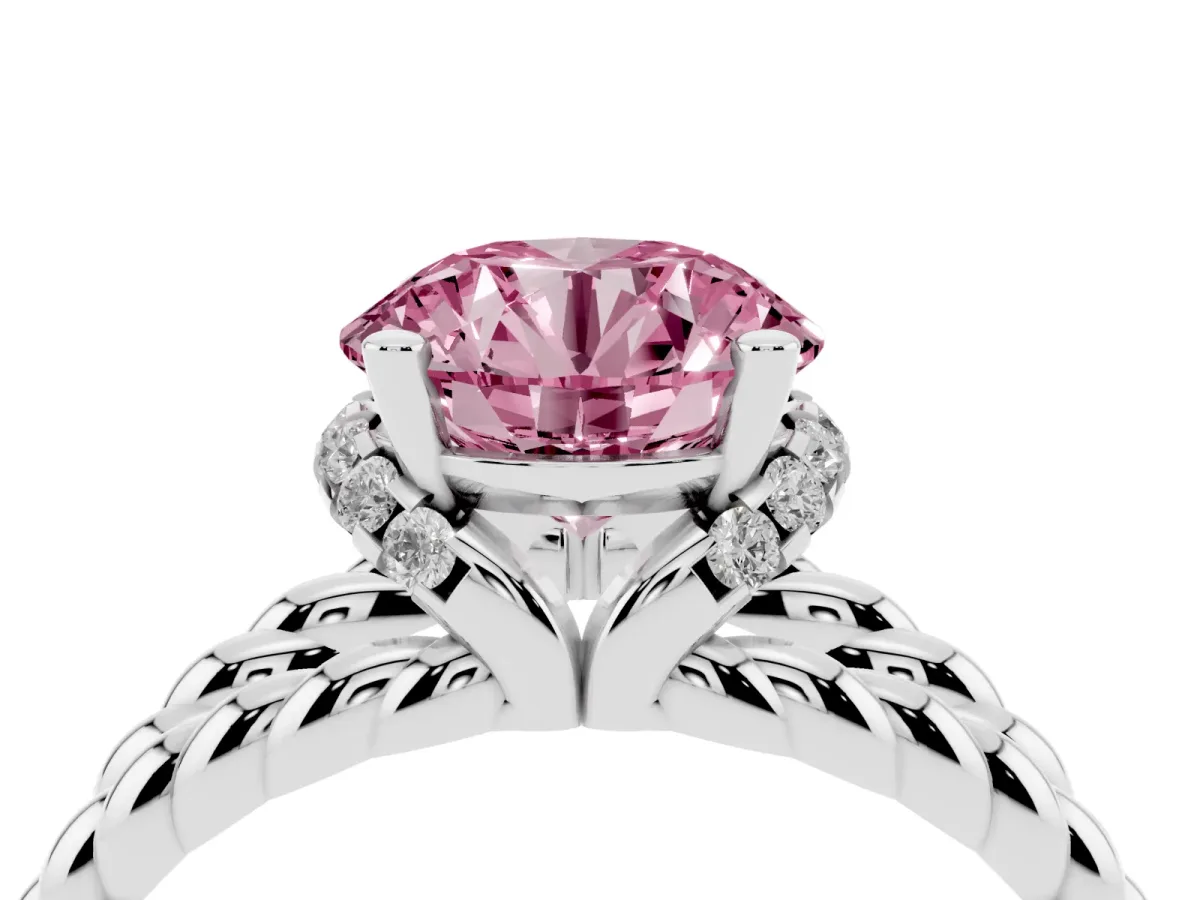 Fancy Pink Round Cut Halo Twisted Band Four-Prong Ring Silver