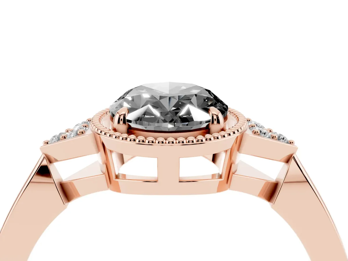 Fancy Black Hexagonal Halo Oval Cut Diamond Solitaire with Pavé Band and Four-Prong Setting Rose gold