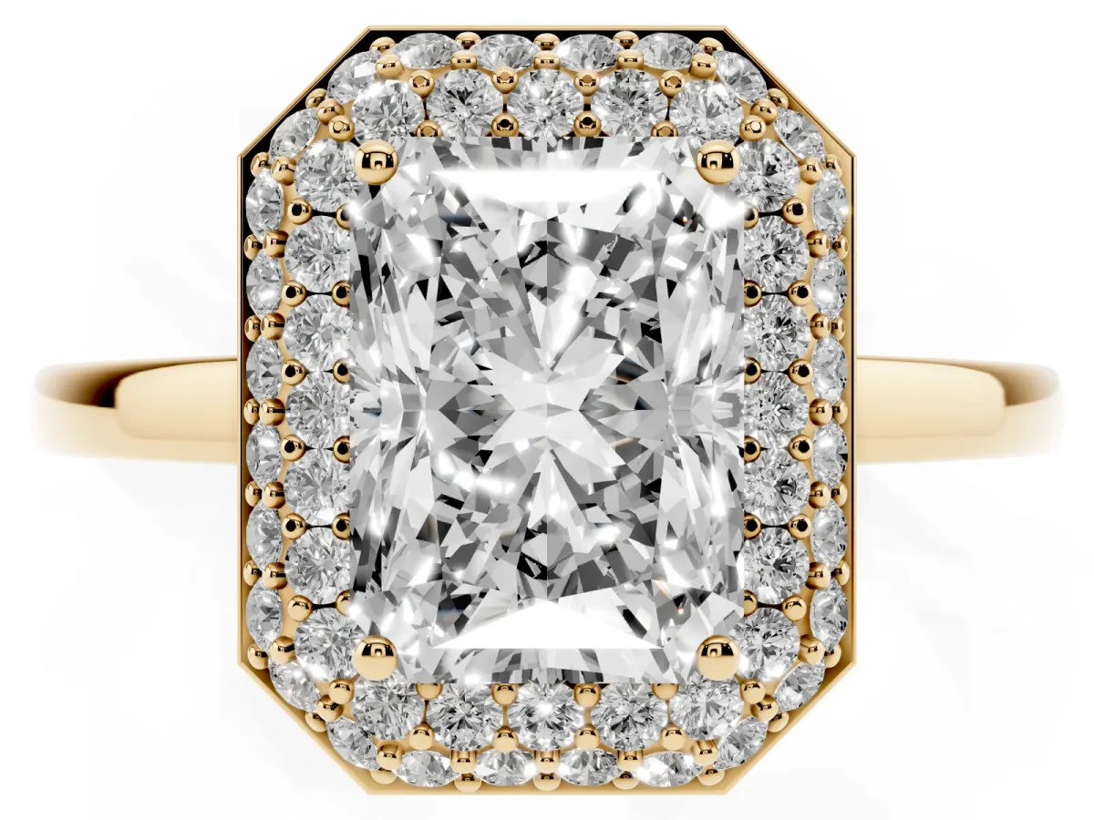 Radiant Cut Halo Diamond Engagement Ring with Solitaire Band and Four-Prong Setting Yellow gold