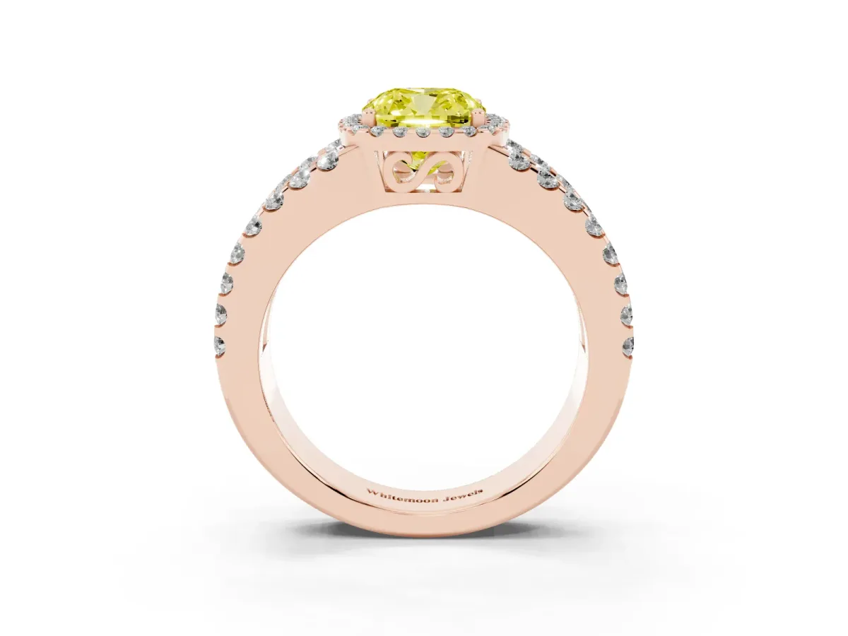 Fancy Yellow Cushion Cut Cut Halo Split Shank Diamond Ring with Four-Prong Setting Rose gold