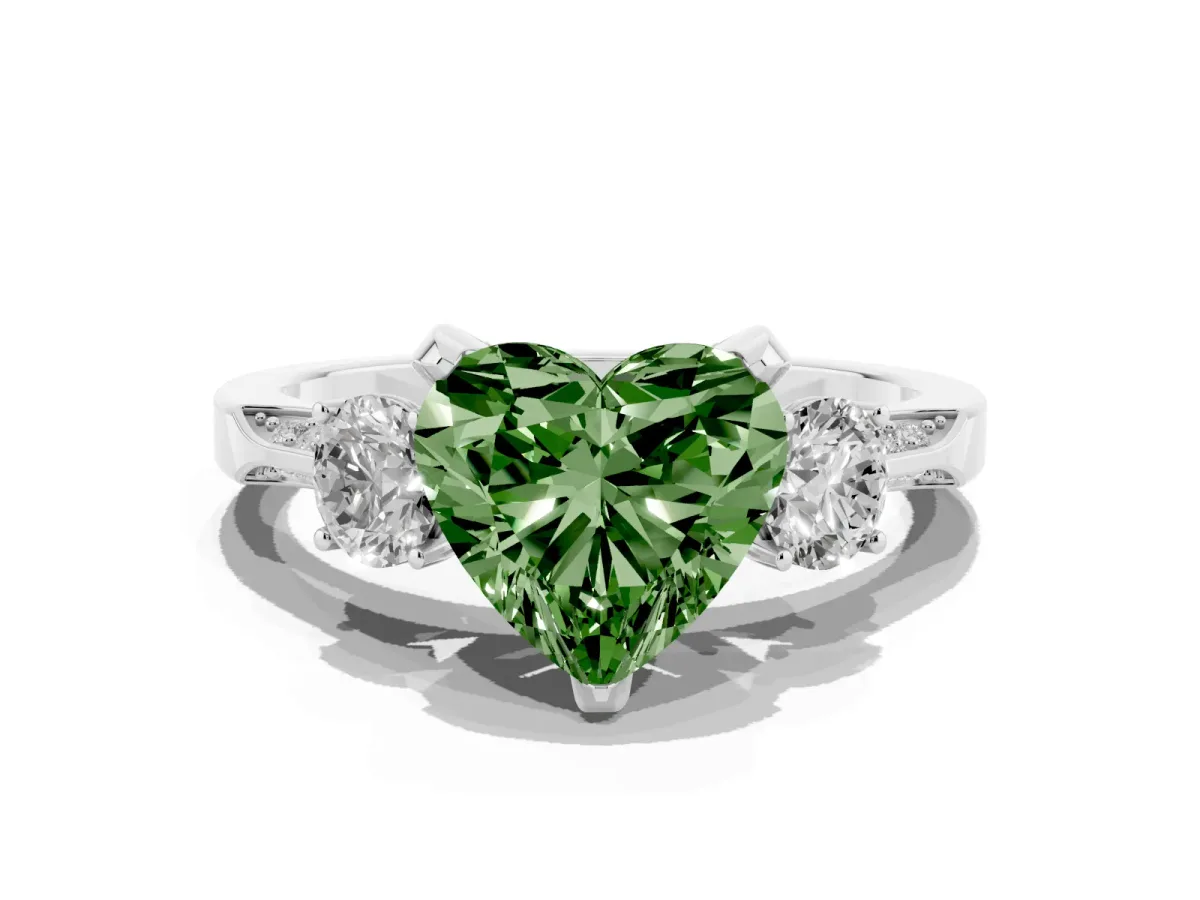 Fancy Green Heart Cut Brilliant Three-Stone Diamond Ring with Pavé Band and Four-Prong Setting Platinum