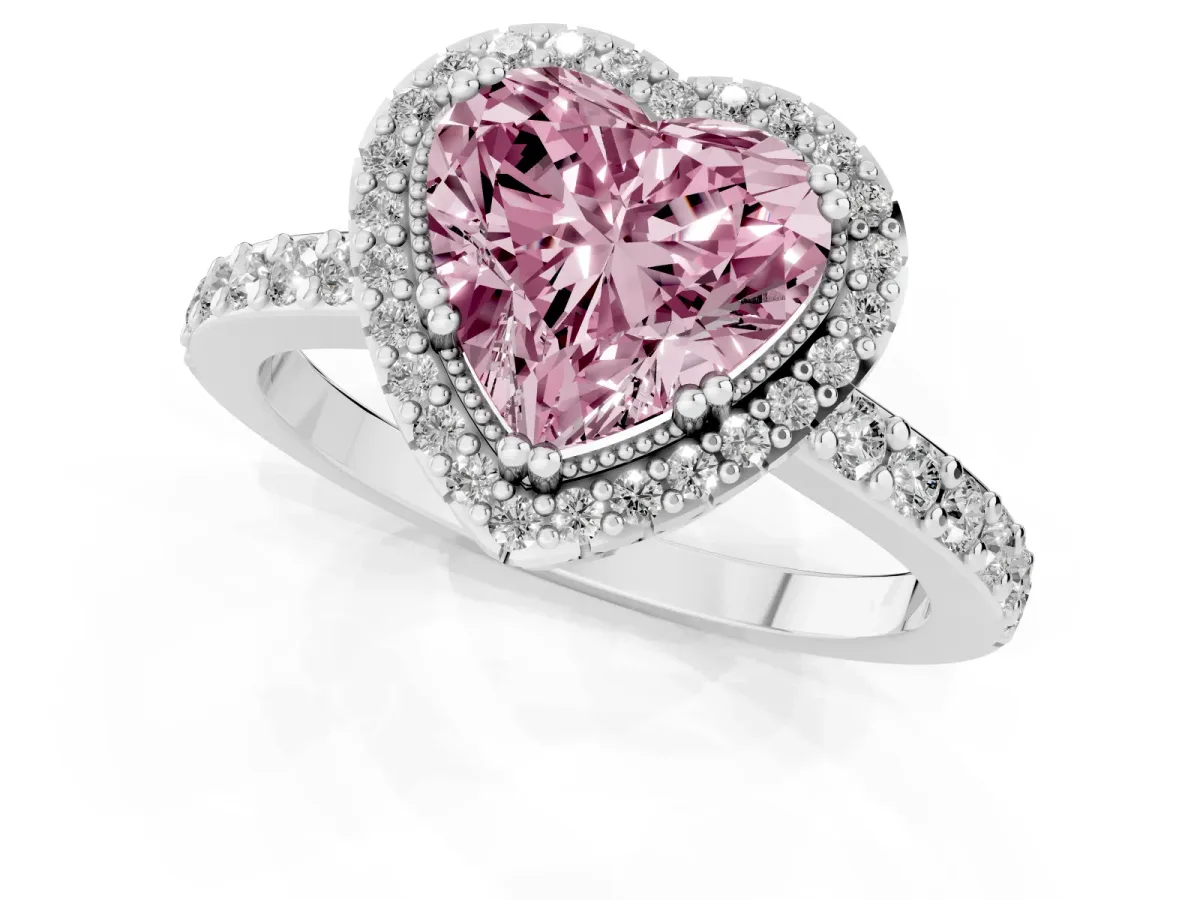 Fancy Pink Heart Cut Cut Diamond Halo Engagement Ring with Milgrain Detail and Pavé Band Silver
