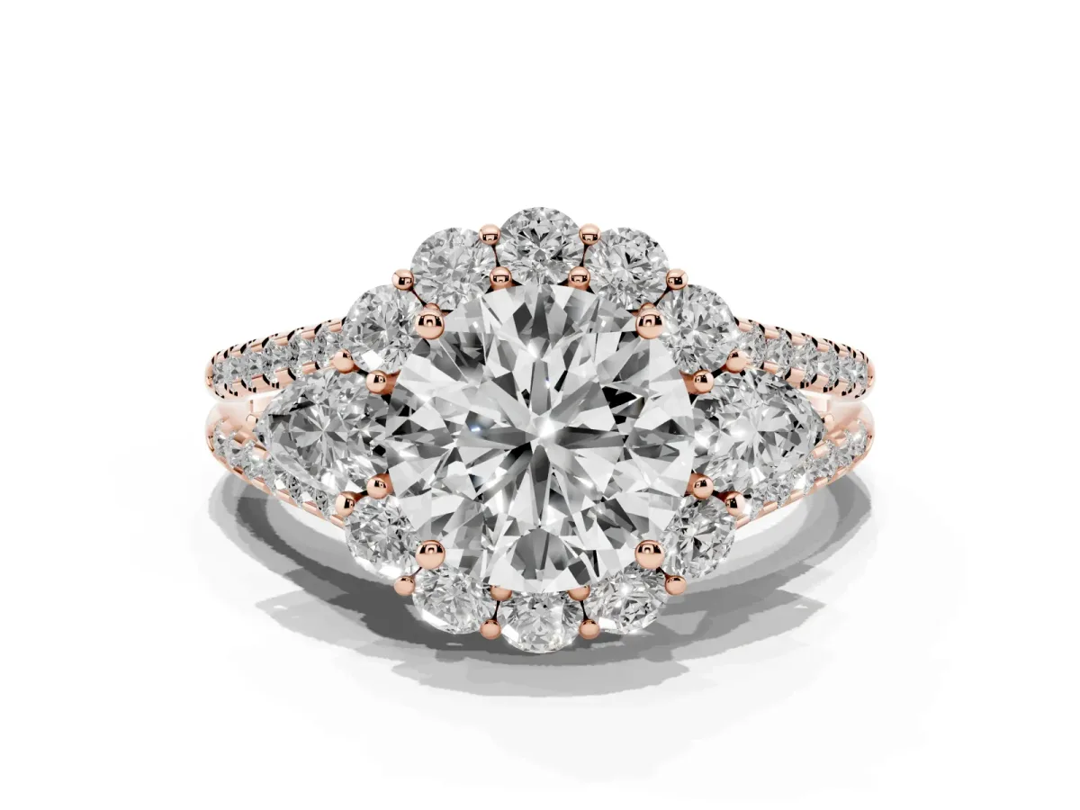 Round Cut Halo Split Shank Diamond Engagement Ring with Prong Setting Rose gold