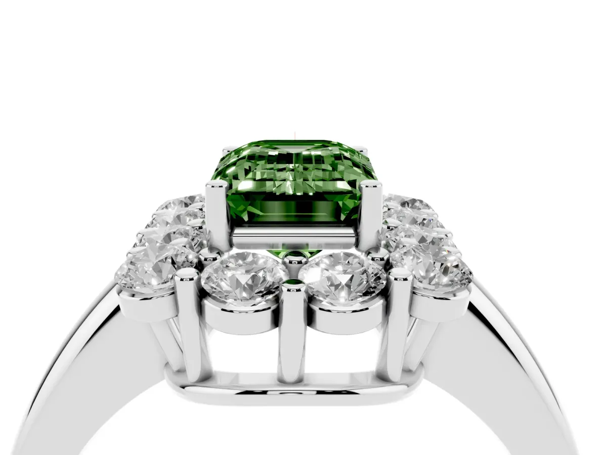 Fancy Green Emerald Cut Halo Cluster Diamond Engagement Ring with Prong Setting and Polished Band Platinum