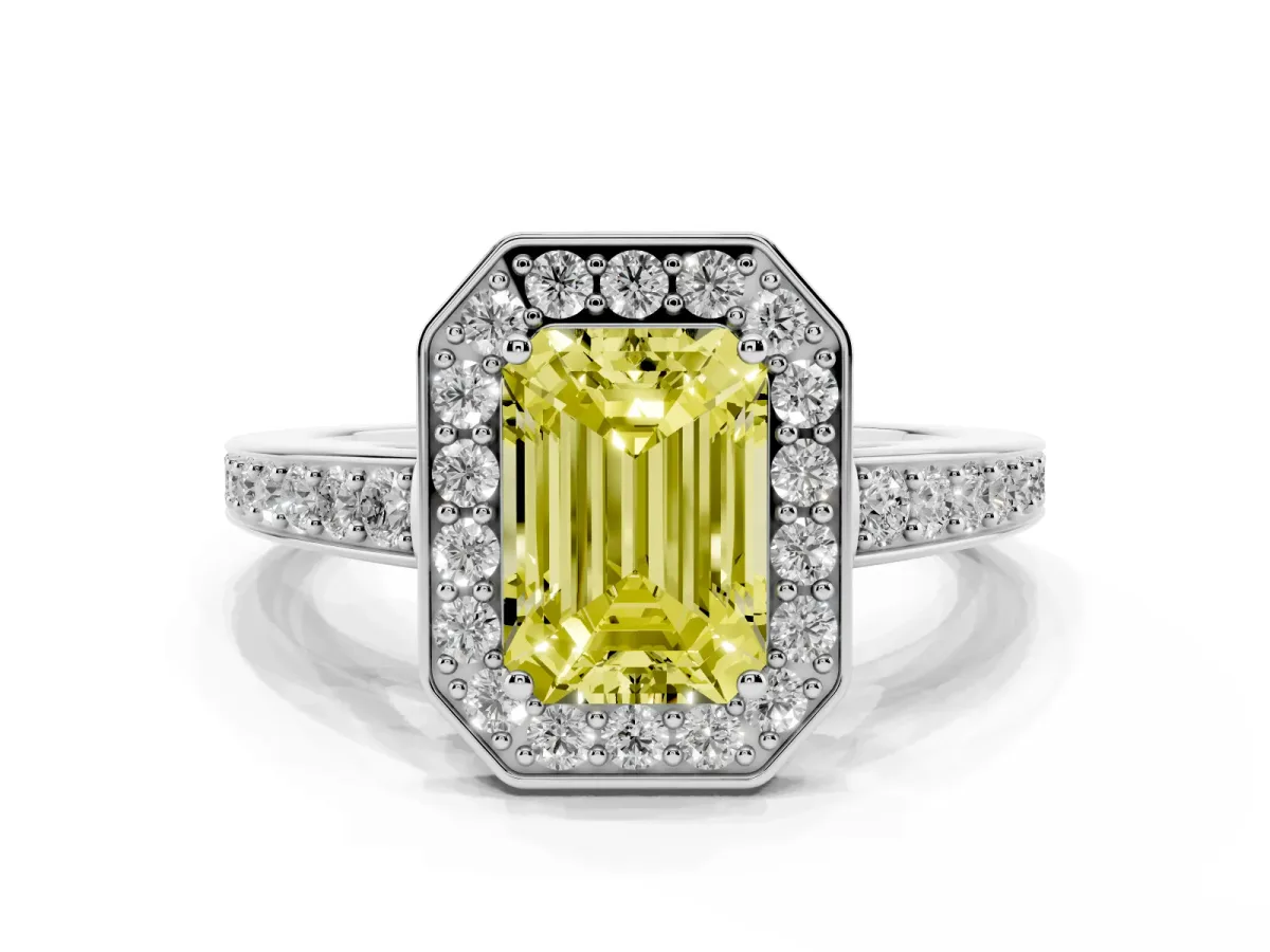Fancy Yellow Emerald Cut Halo Pavé Diamond Engagement Ring with Bezel Setting Silver