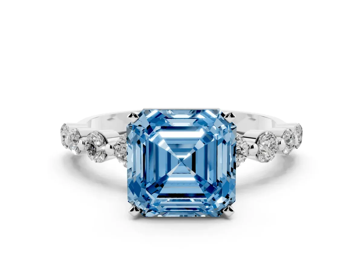 Fancy Blue Asscher Cut Solitaire Diamond Ring with Pave Band and Four-Prong Setting Silver