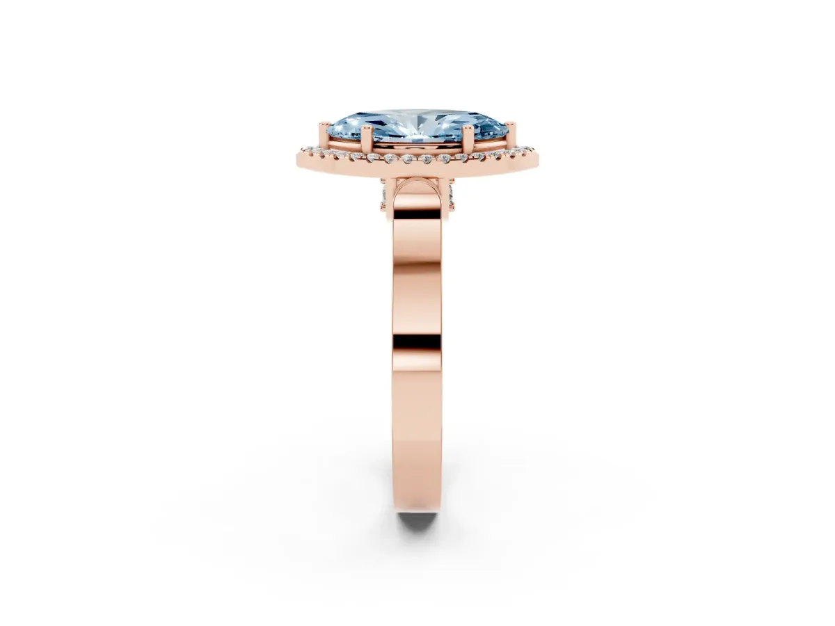 Fancy Blue Marquise Cut Halo Round Diamond Twist Band with Four-Prong Setting Rose gold