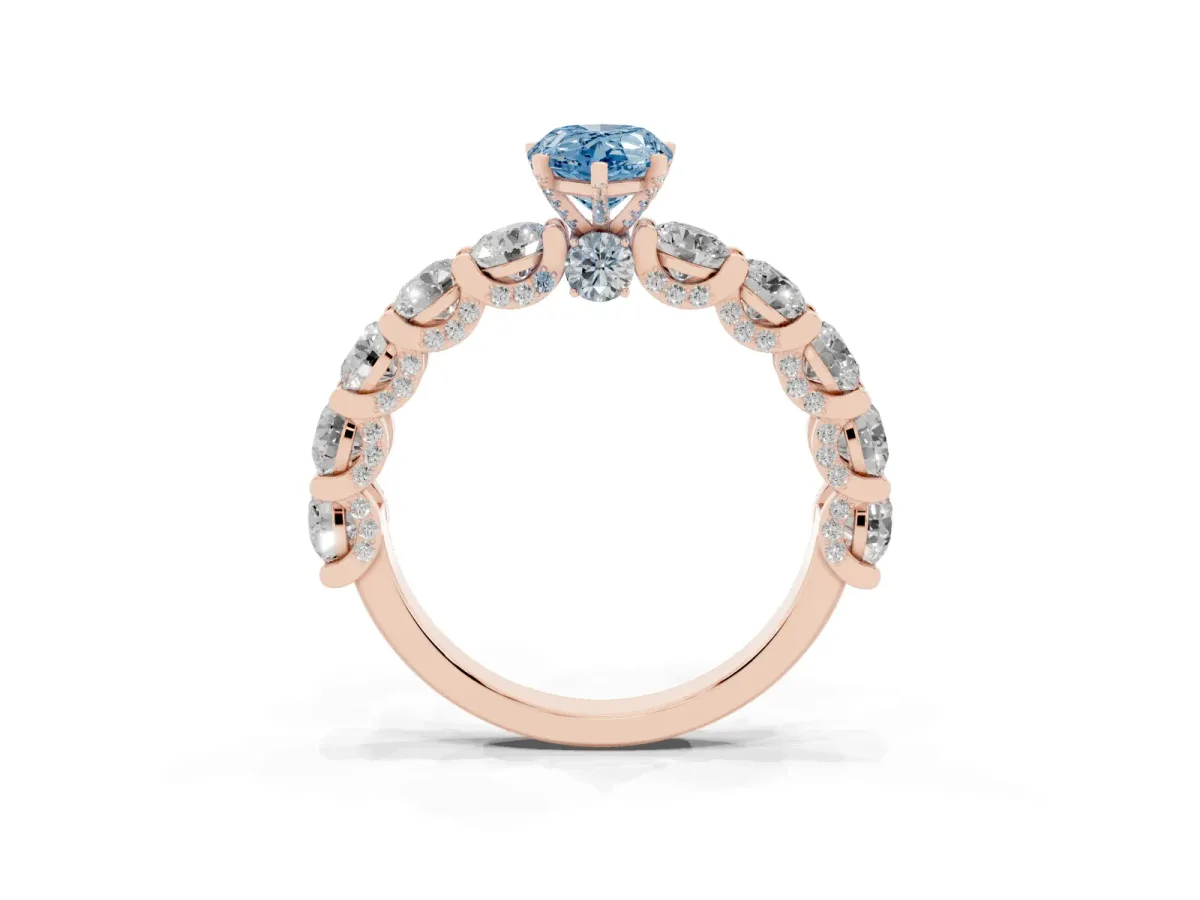 Fancy Blue Pear Cut Diamond Side Stone Engagement Ring with Four-Prong Setting Rose gold