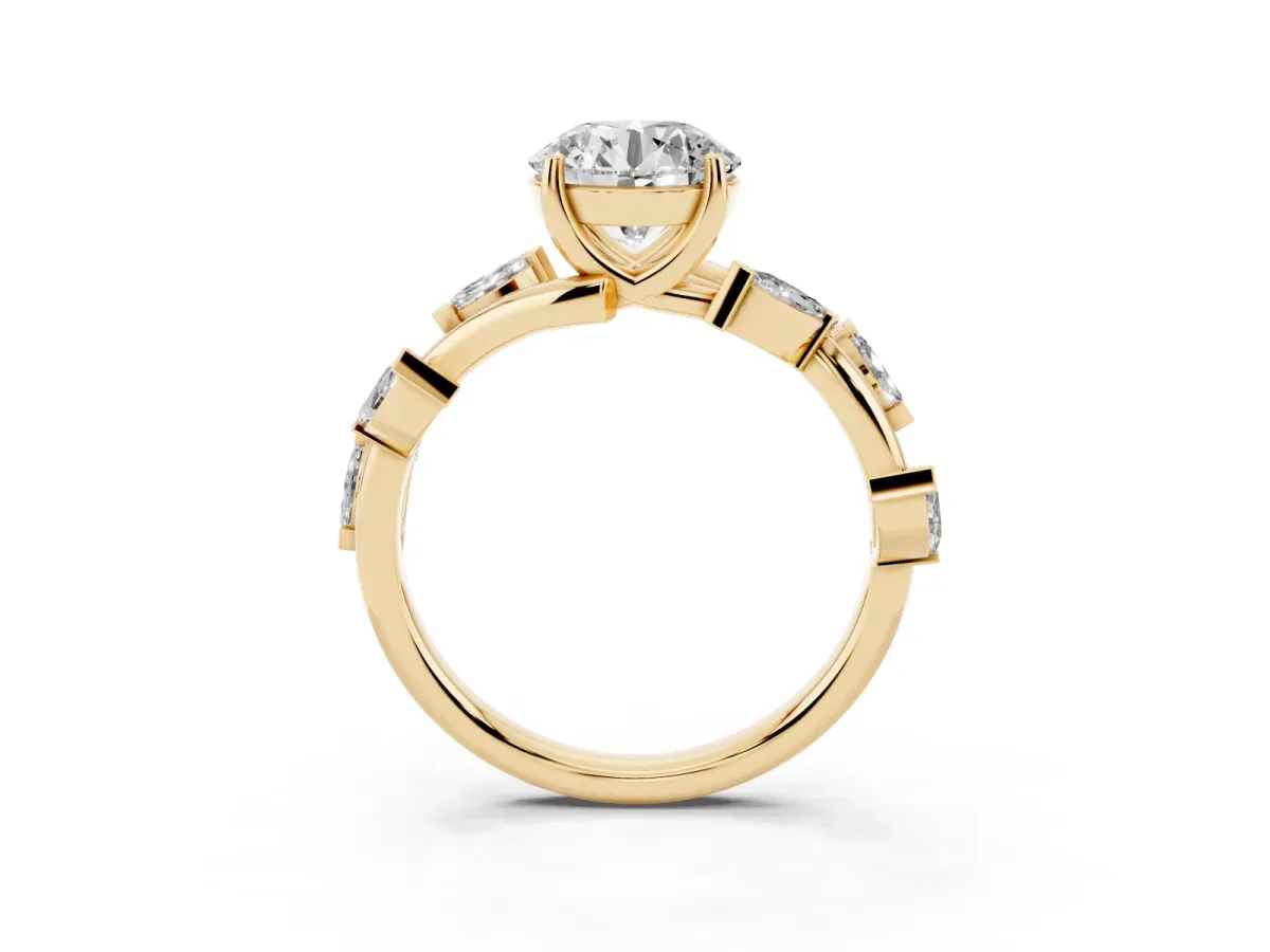 Round Cut Solitaire Twisted Band Marquise Accent Prong Setting Ring Yellow gold