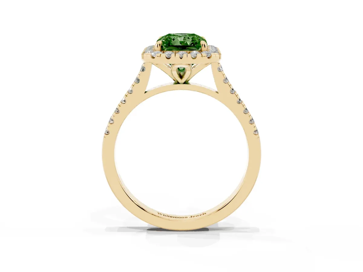 Fancy Green Radiant Cut Diamond Cushion Halo Ring with Pavé Band Yellow gold