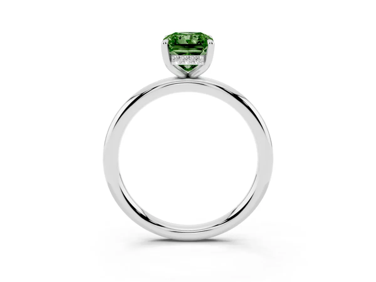 Fancy Green Radiant Cut Diamond Solitaire Ring with Thin Band and Four-Prong Setting Platinum
