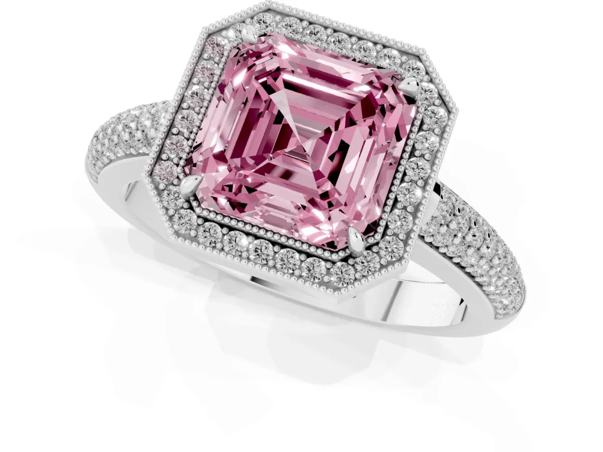 Fancy Pink Asscher Cut Cut Halo Diamond Pave Band with Four-Prong Setting Silver