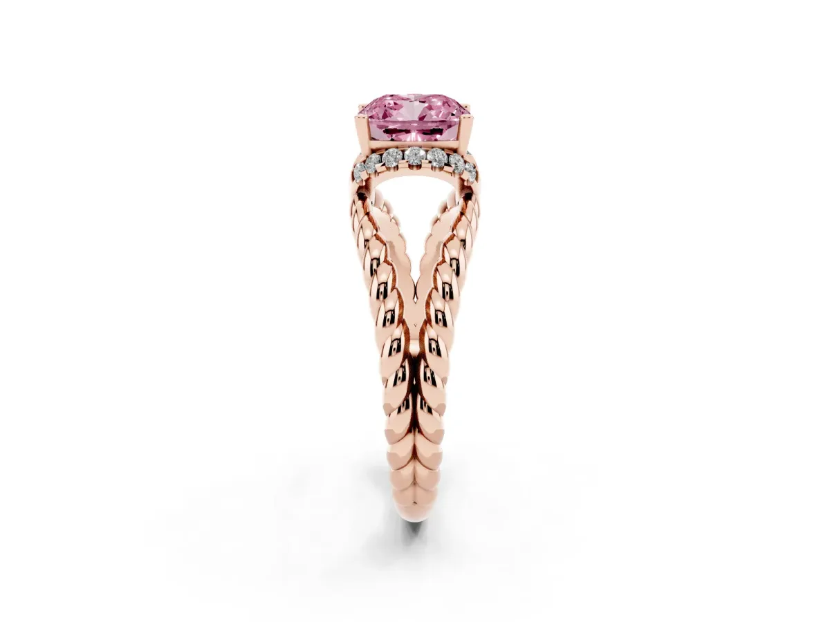 Fancy Pink Cushion Cut Halo Twisted Band Four-Prong Ring Rose gold