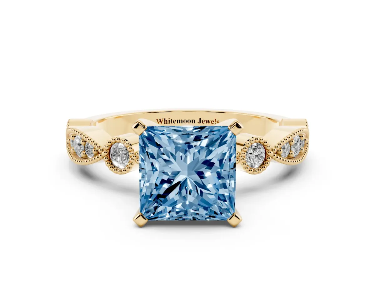 Fancy Blue Princess Cut Milgrain Bezel Diamond Engagement Ring with Solitaire Prong Setting Yellow gold