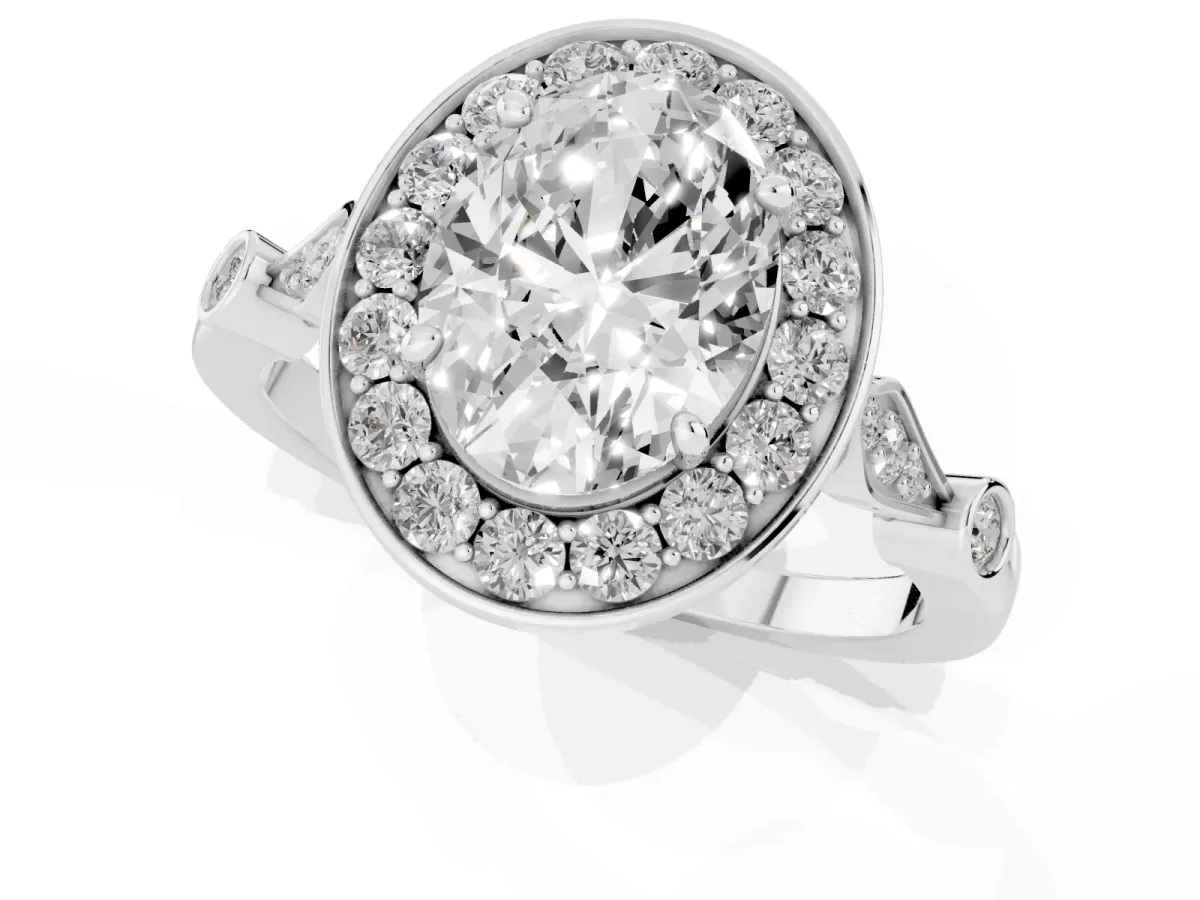 Oval Cut Halo Diamond Engagement Ring with Twisted Band and Four-Prong Setting Silver