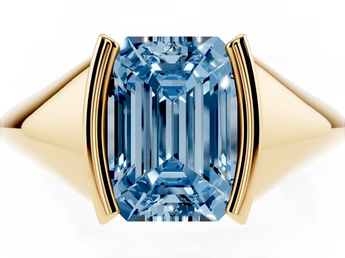 Fancy Blue Emerald Cut Solitaire Tension Set Diamond Ring Yellow gold
