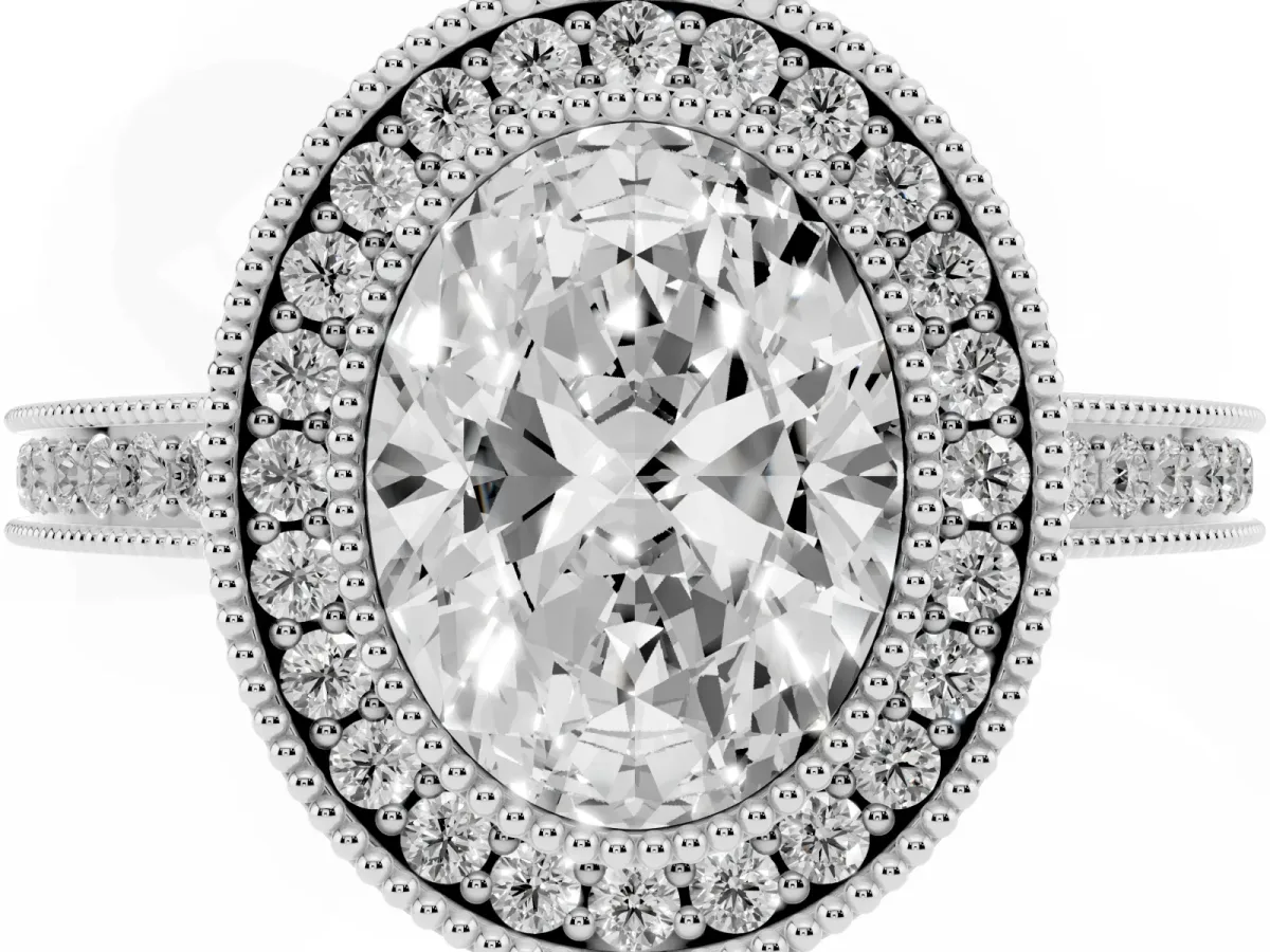 Oval Cut Cut Halo Diamond Ring with Pavé Band and Milgrain Prong Setting Platinum
