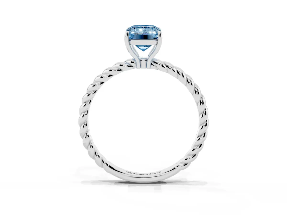 Fancy Blue Emerald Cut Solitaire Twisted Band 4-Prong Ring Silver