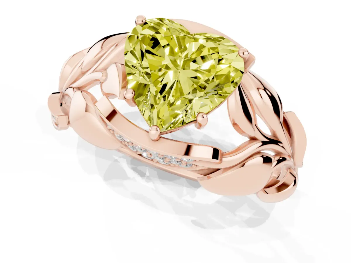 Fancy Yellow Heart Cut Diamond Leaf-Inspired Engagement Ring with Round Accents and Prong Setting Rose gold