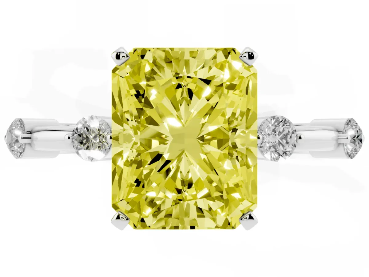 Fancy Yellow Radiant Cut Solitaire Diamond Ring with Bezel Set Side Stones and Prong Setting Silver