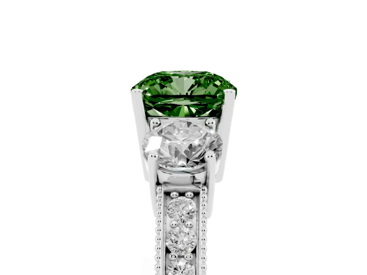 Fancy Green Cushion Cut Three-Stone Diamond Ring with Pavé Band and Four-Prong Setting Silver