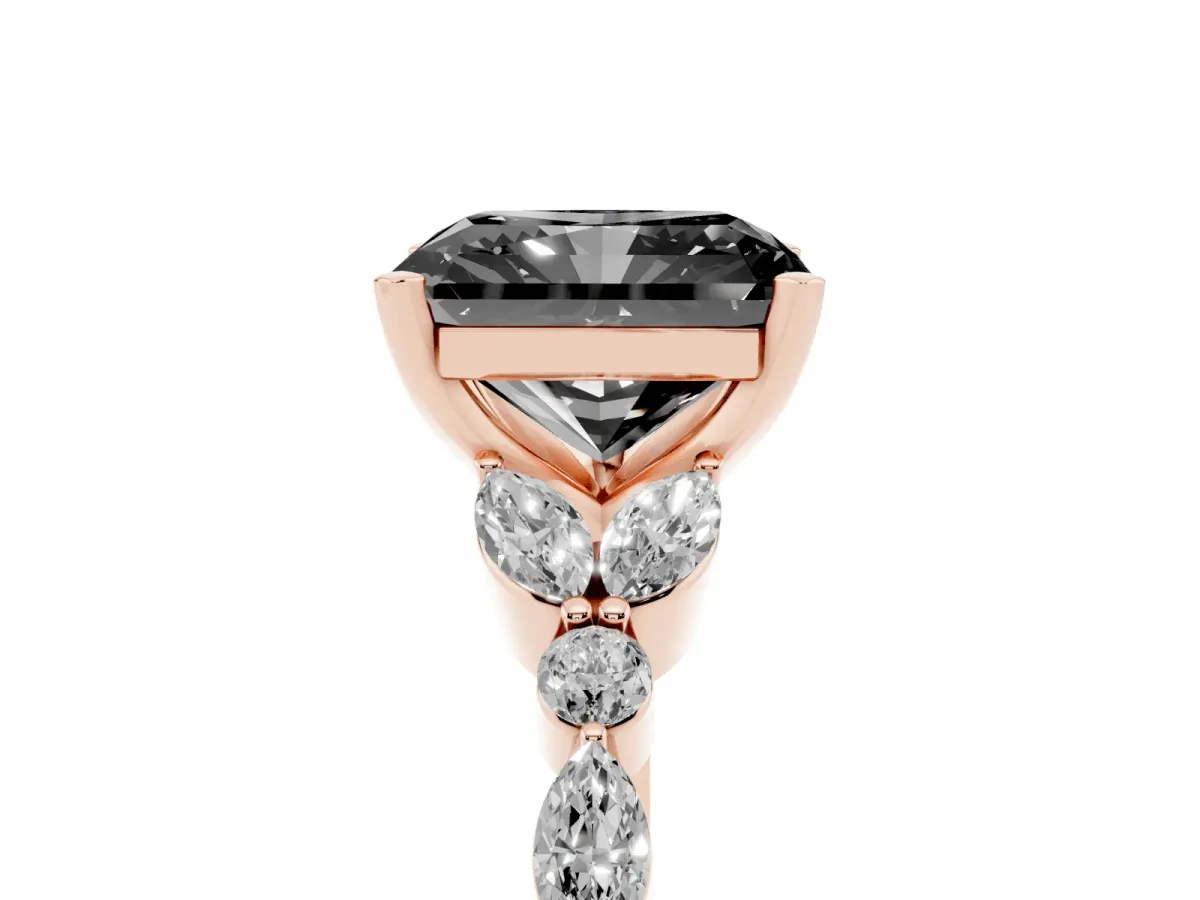 Fancy Black Radiant Cut Diamond Solitaire Ring with Side Stones and Four-Prong Setting Rose gold
