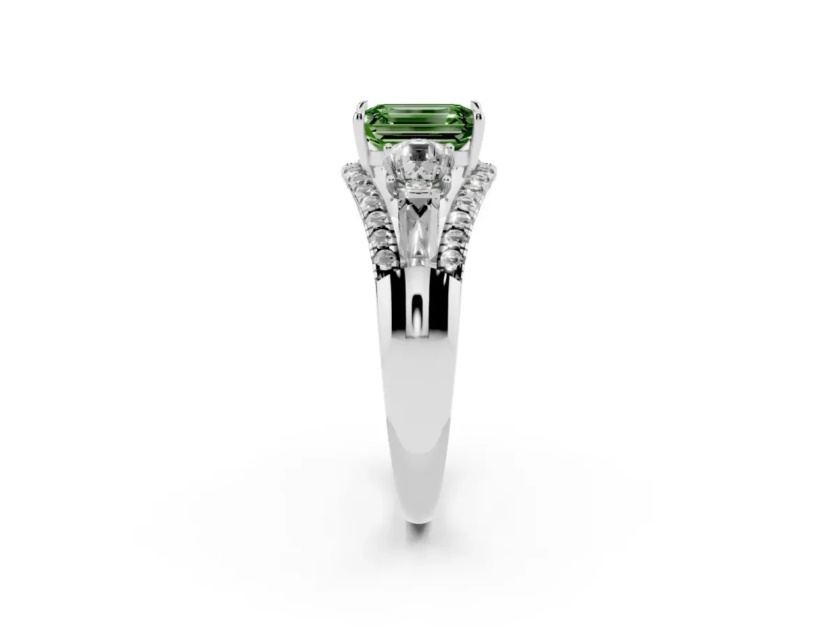 Fancy Green Three-Stone Emerald Cut Diamond Engagement Ring with Pave Band and Prong Setting Silver