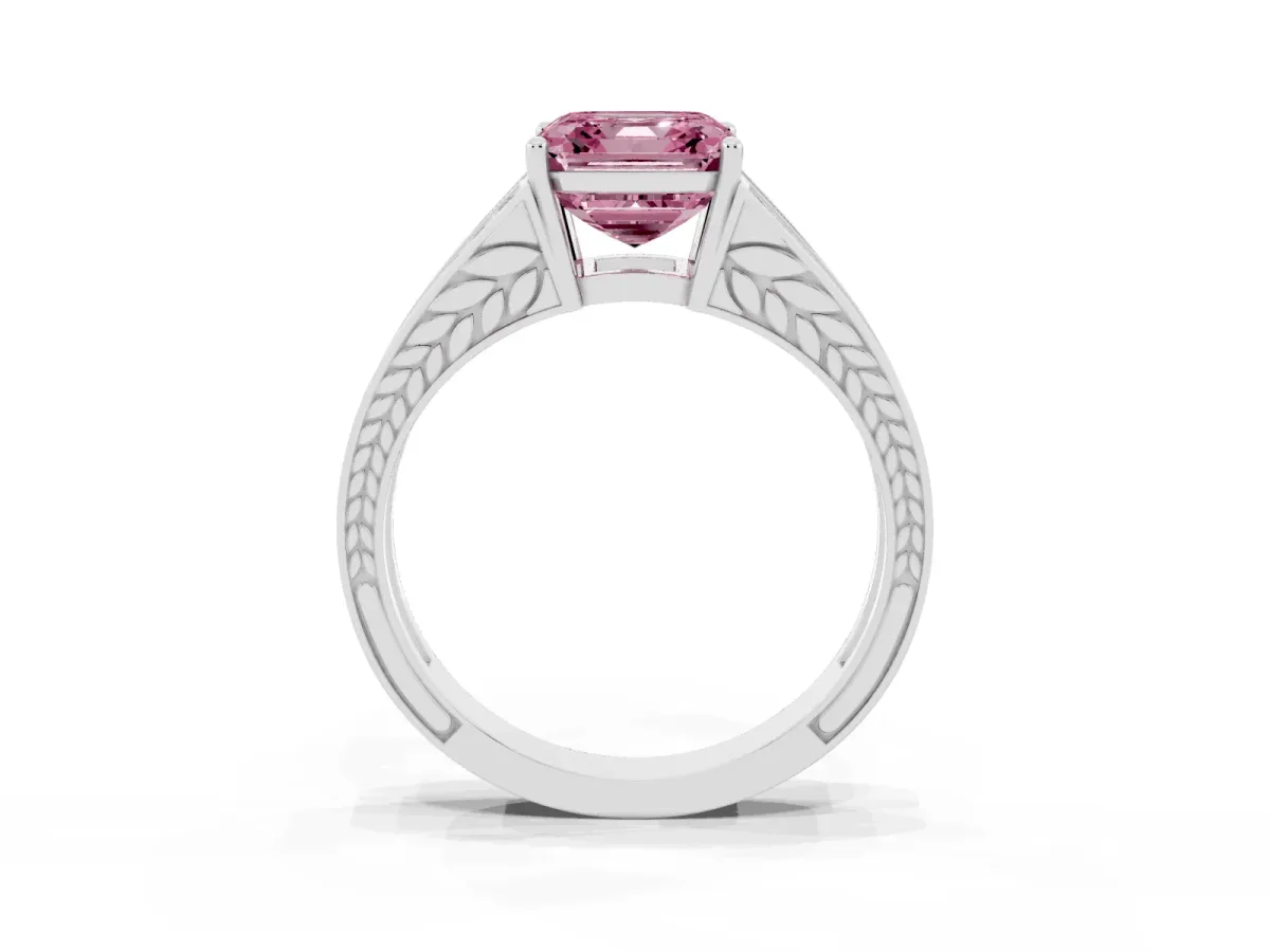 Fancy Pink Asscher Cut Diamond Split Shank Ring with Pavé Band and Four-Prong Setting White gold