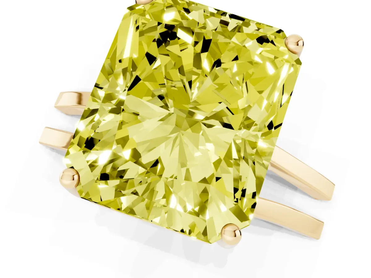 Fancy Yellow Radiant Cut Cut Diamond Solitaire Engagement Ring with Tapered Plain Band and Four-Prong Setting Yellow gold