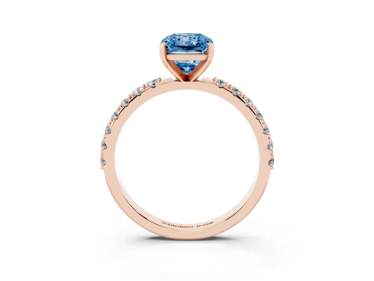 Fancy Blue Radiant Cut Diamond Solitaire Pavé Band with Four-Prong Setting Rose gold