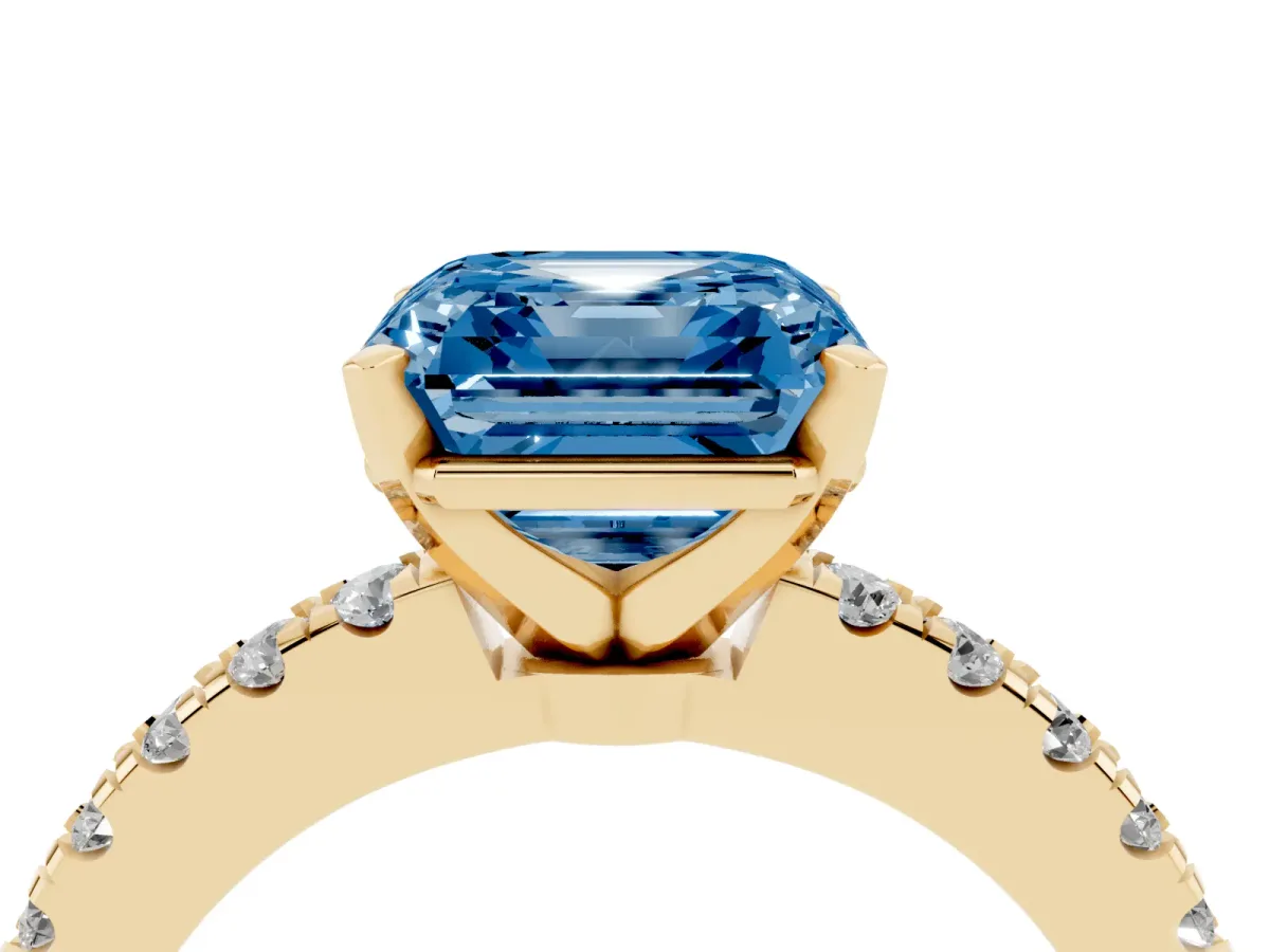 Fancy Blue Asscher Cut Solitaire Diamond with Pavé Band and Four-Prong Setting Yellow gold