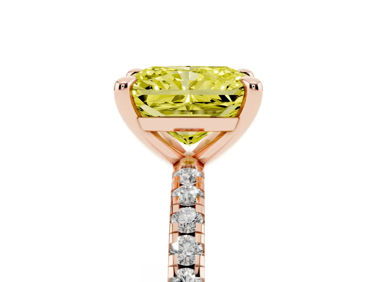 Fancy Yellow Radiant Cut Diamond Brilliant Solitaire Ring with Pavé Band and Four-Prong Setting Rose gold