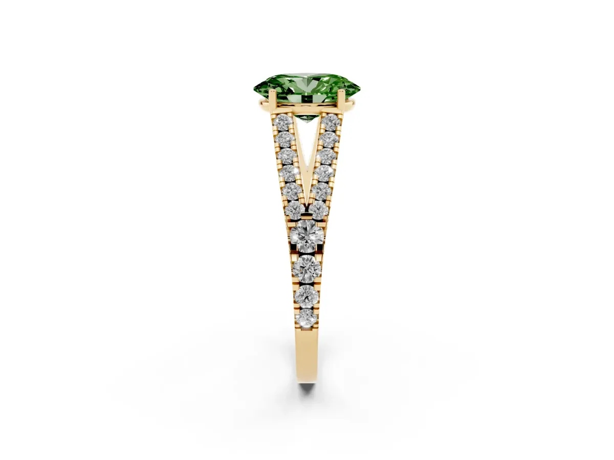 Fancy Green Oval Cut Diamond Split Shank Engagement Ring with Round Pavé and Prong Setting Yellow gold