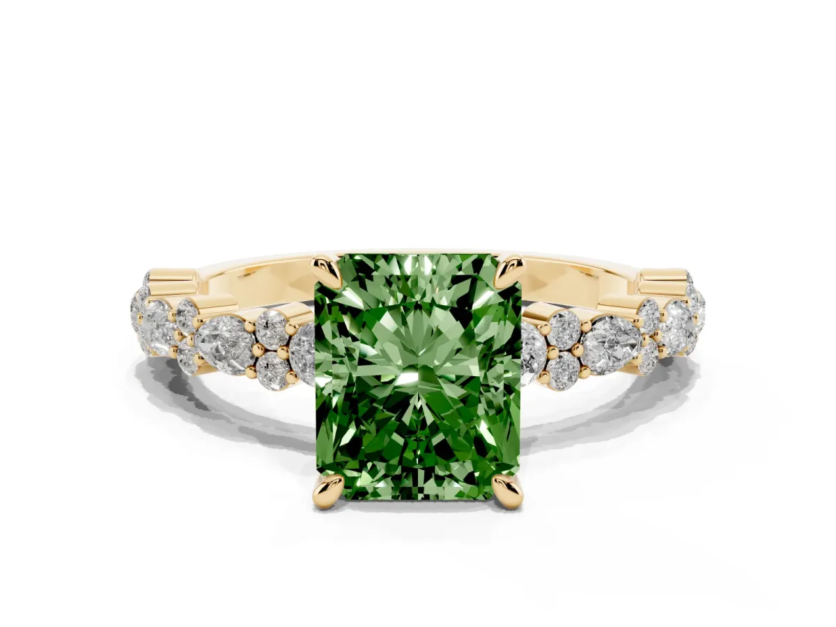 Fancy Green Radiant Cut Diamond Side Stone Solitaire Ring with Round and Four-Prong Setting Yellow gold