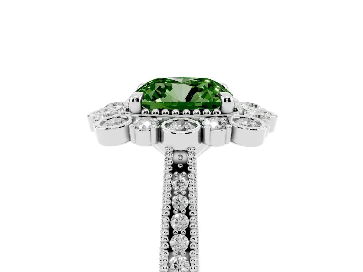 Fancy Green Cushion Cut Halo Milgrain Pave Diamond Ring with Four-Prong Setting Silver