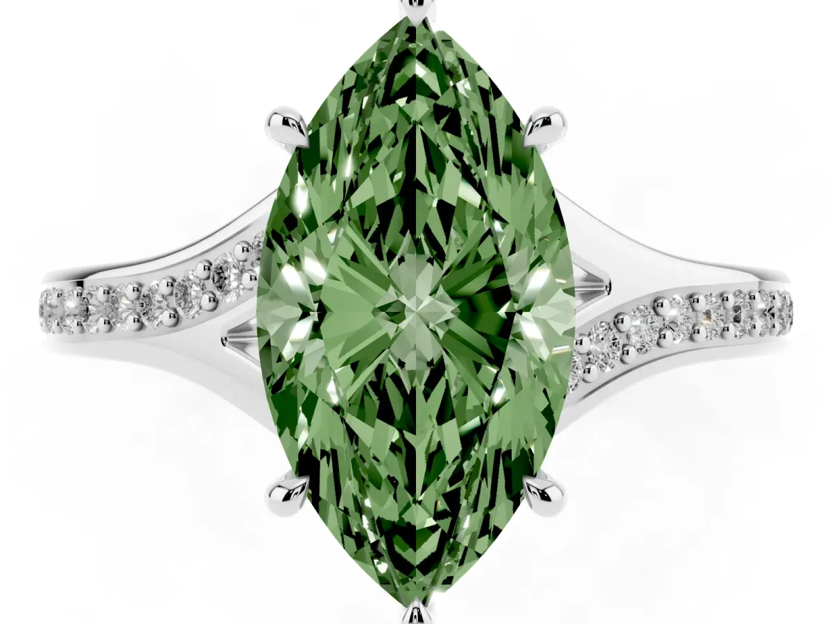 Fancy Green Marquise Cut Diamond Solitaire Ring with Pavé Band and Prong Setting Silver