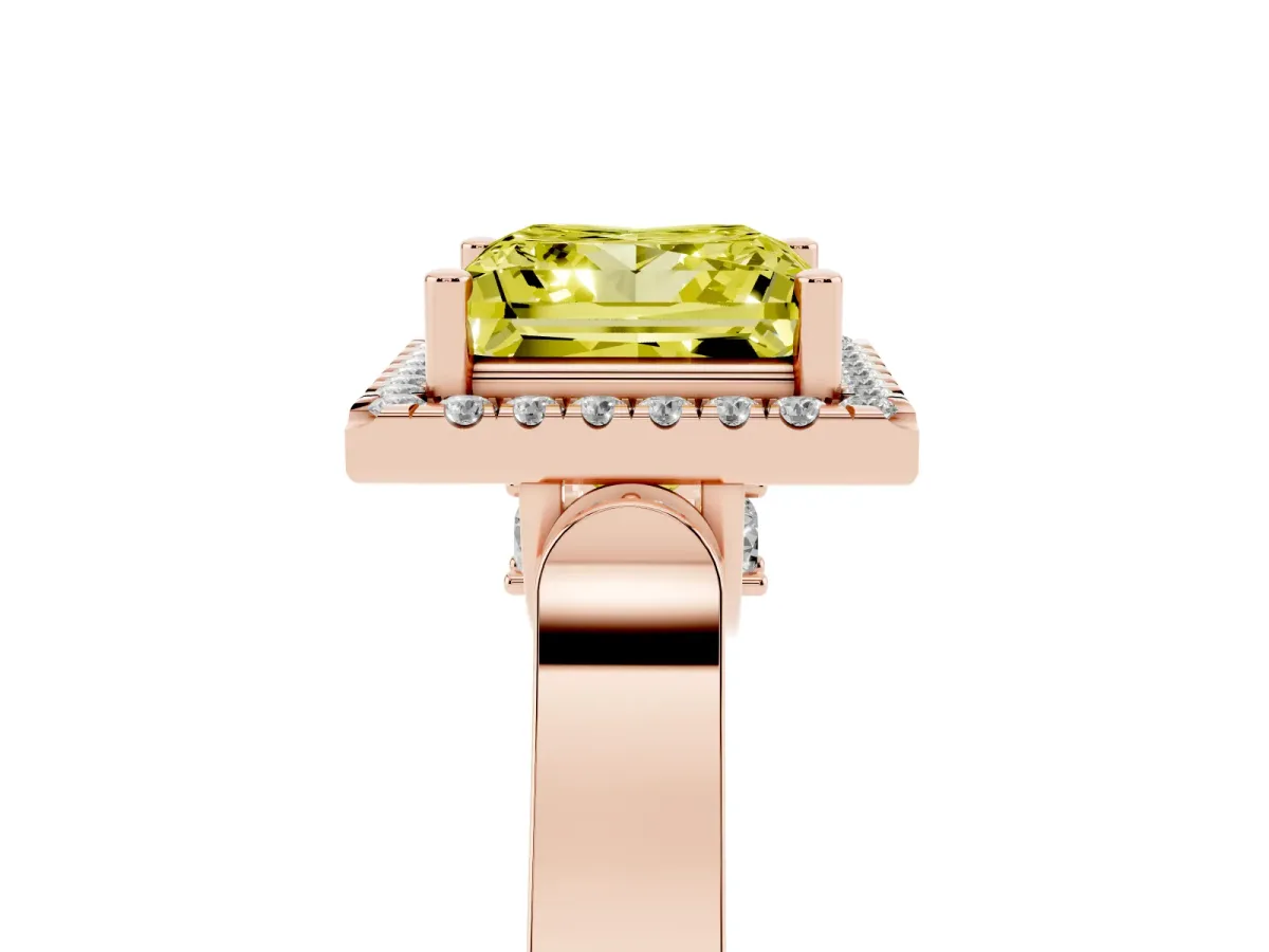 Fancy Yellow Princess Cut Halo Round Diamond Twist Band with Four-Prong Setting Rose gold