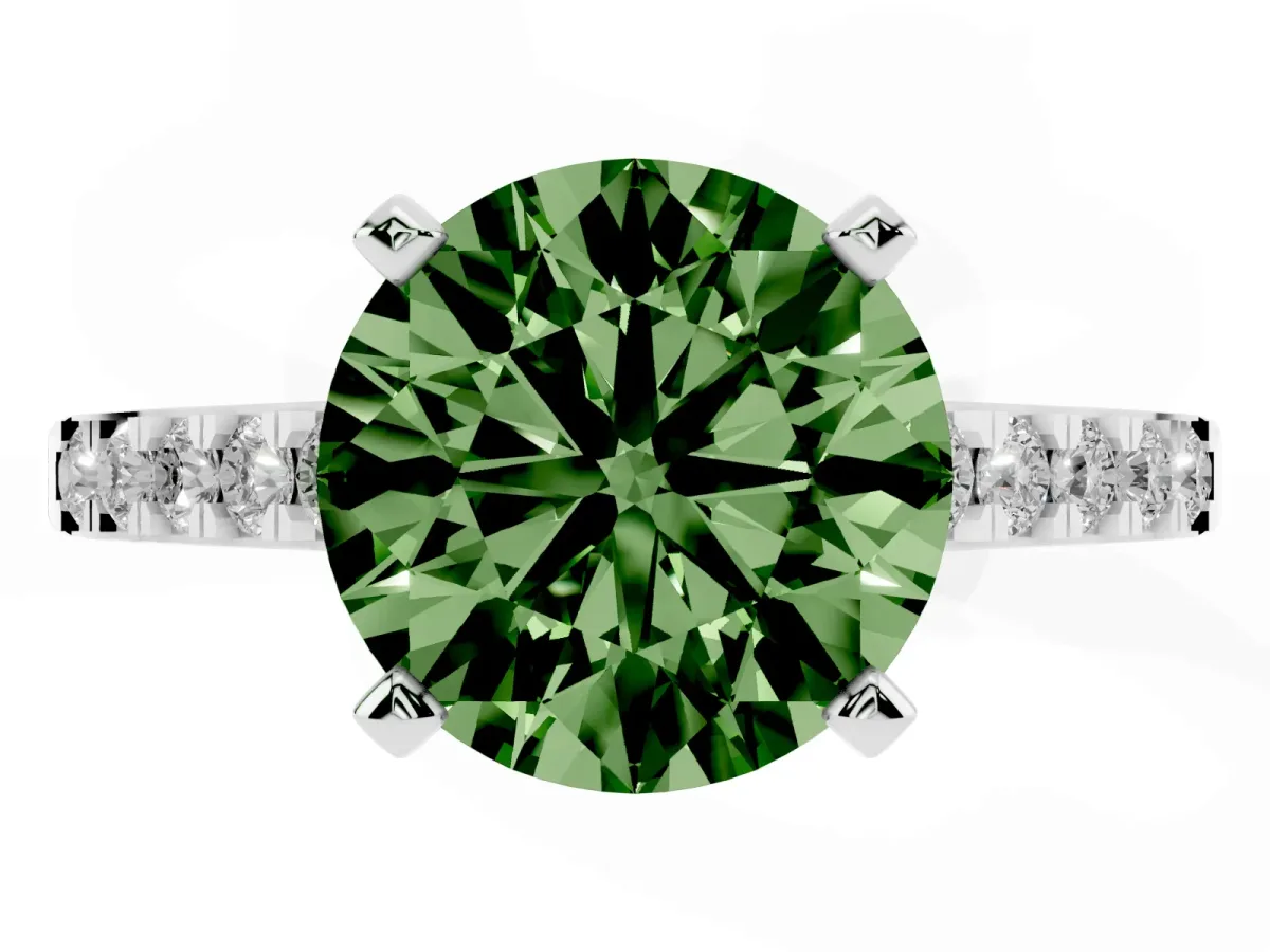 Fancy Green Round Cut Diamond Solitaire Ring with Crossover Gallery and Round Pavé Band Silver