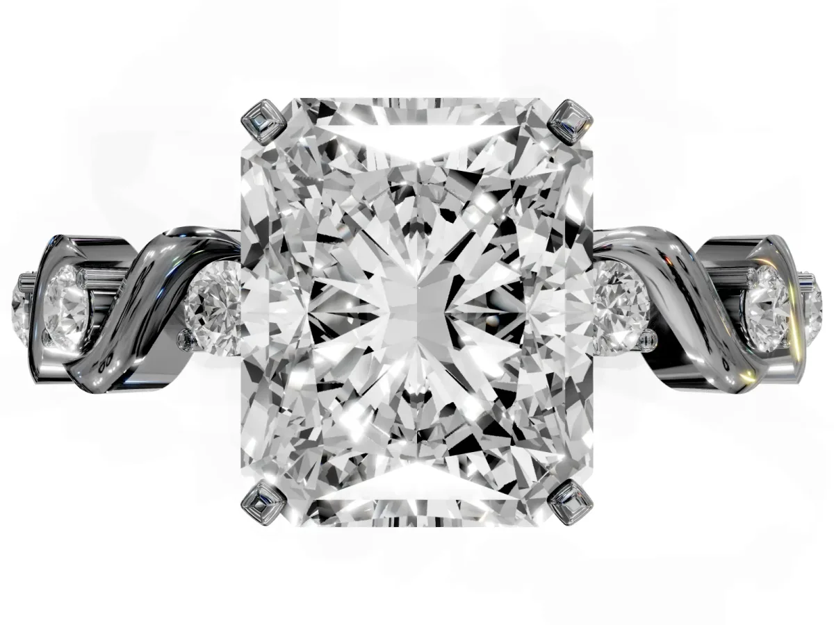 Radiant Cut Diamond Solitaire Twisted Band with Round Accents and Prong Setting Silver