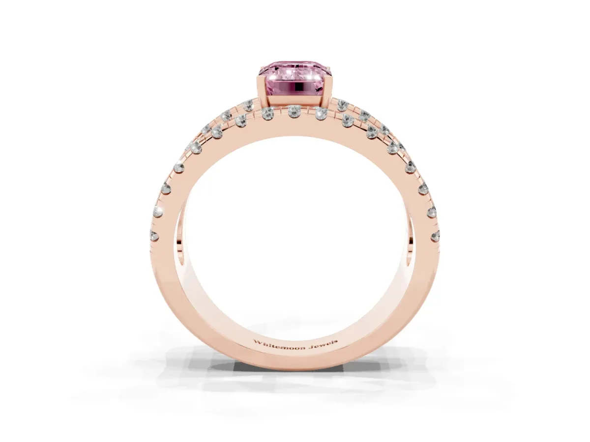 Fancy Pink Emerald Cut Solitaire Split Shank Pave Diamond Ring Rose gold