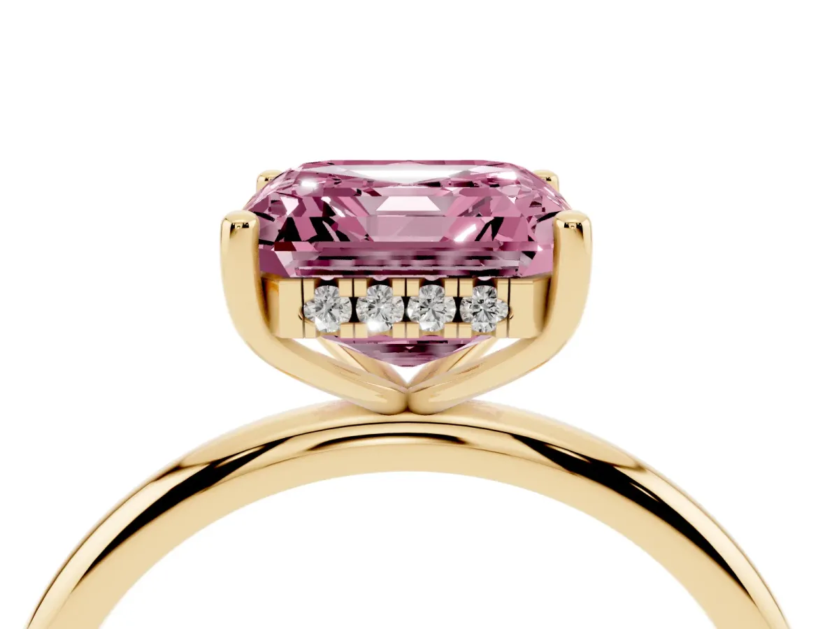 Fancy Pink Asscher Cut Cut Solitaire Engagement Ring with Four-Prong Setting and Classic Band Yellow gold