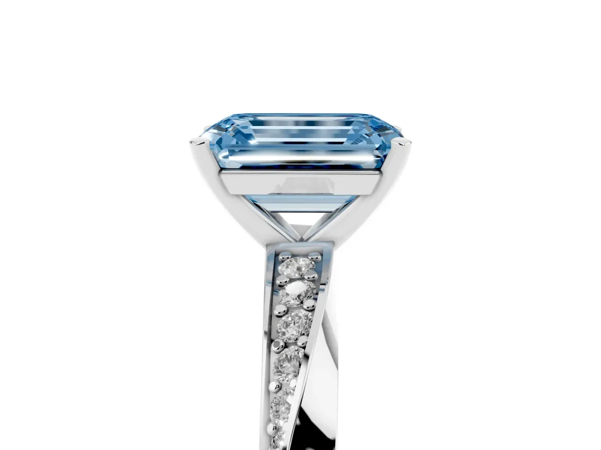 Fancy Blue Emerald Cut Diamond Engagement Ring with Side Stone Accents and Four-Prong Setting Silver