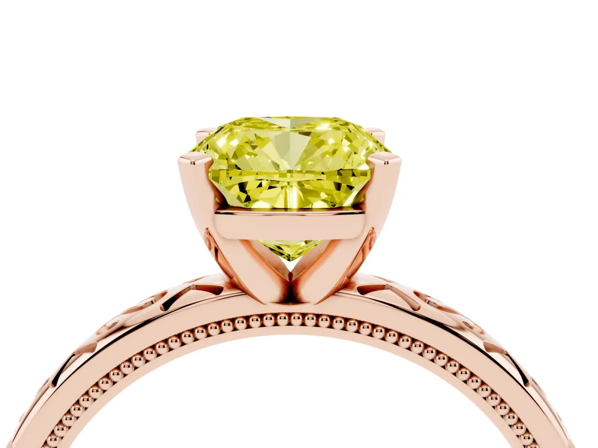 Fancy Yellow Cushion Cut Solitaire Engagement Ring with Scrollwork Band and Four-Prong Setting Rose gold