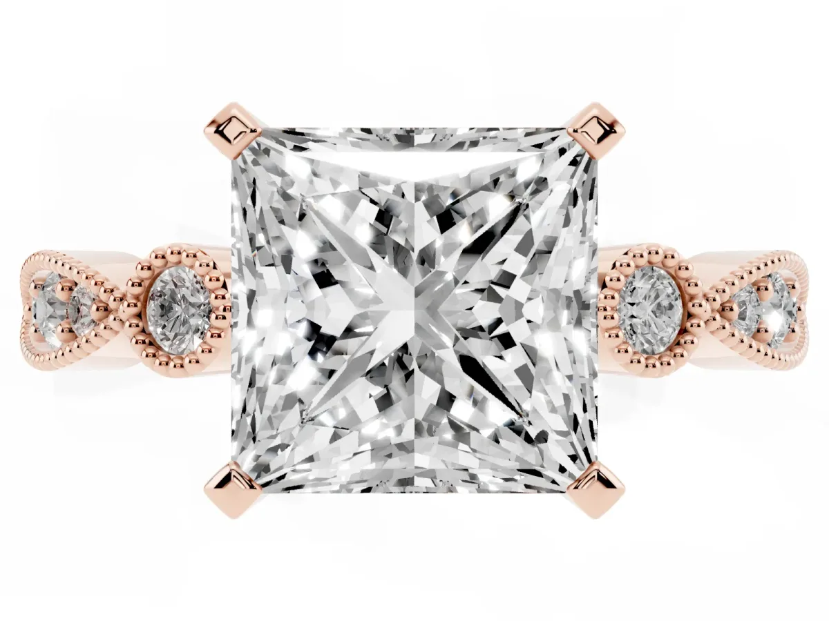 Princess Cut Milgrain Bezel Diamond Engagement Ring with Solitaire Prong Setting Rose gold